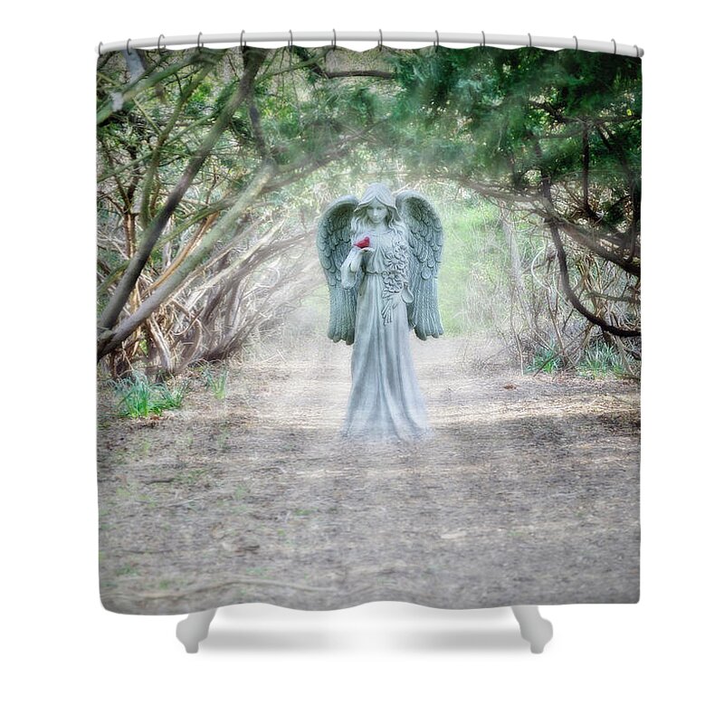 2d Shower Curtain featuring the digital art Angel With A Cardinal FX by Brian Wallace
