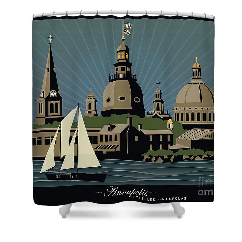 Annapolis Shower Curtain featuring the digital art Annapolis Steeples and Cupolas Serenity with border by Joe Barsin