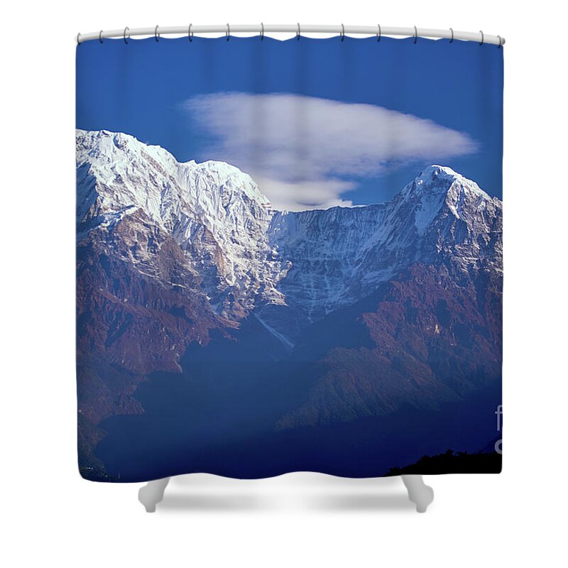 India Shower Curtain featuring the photograph Annapurna South Peak and pass in the Himalaya mountains, Annapurna region, Nepal by Raimond Klavins