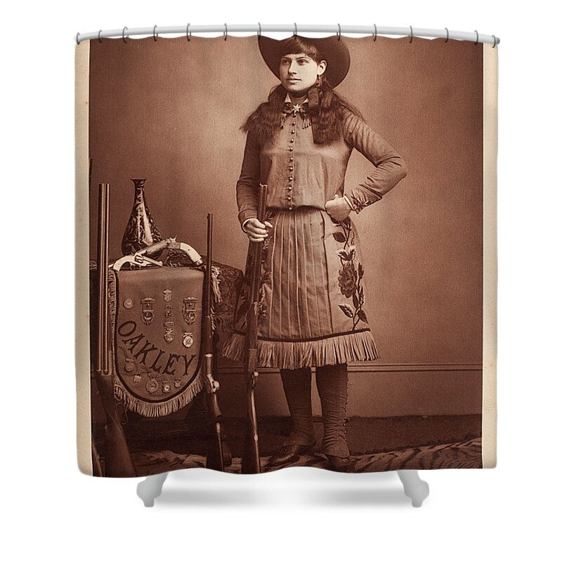 Man Shower Curtain featuring the painting Annie-Oakley-woodburytype-cabinet-card-c1890s by Celestial Images