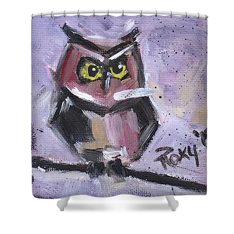 Owl Shower Curtain featuring the painting Annoyed Little Owl by Roxy Rich