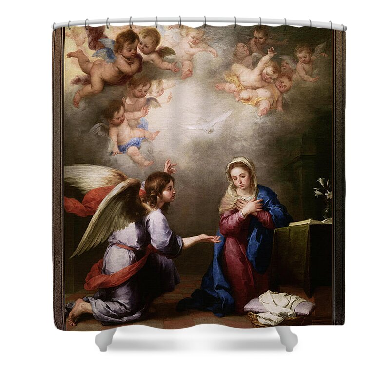 Annunciation Of The Blessed Virgin Mary Shower Curtain featuring the painting Annunciation of the Blessed Virgin Mary by Bartolome Esteban Murillo by Rolando Burbon