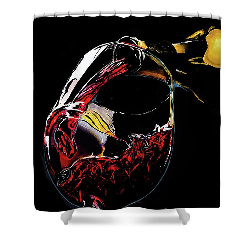Wine Bottle Drink Relax Nighttime Night Red Wine Bar Bartender Drink Pour Colorful Colors Contrast Shower Curtain featuring the painting Another Pour by Sergio Gutierrez