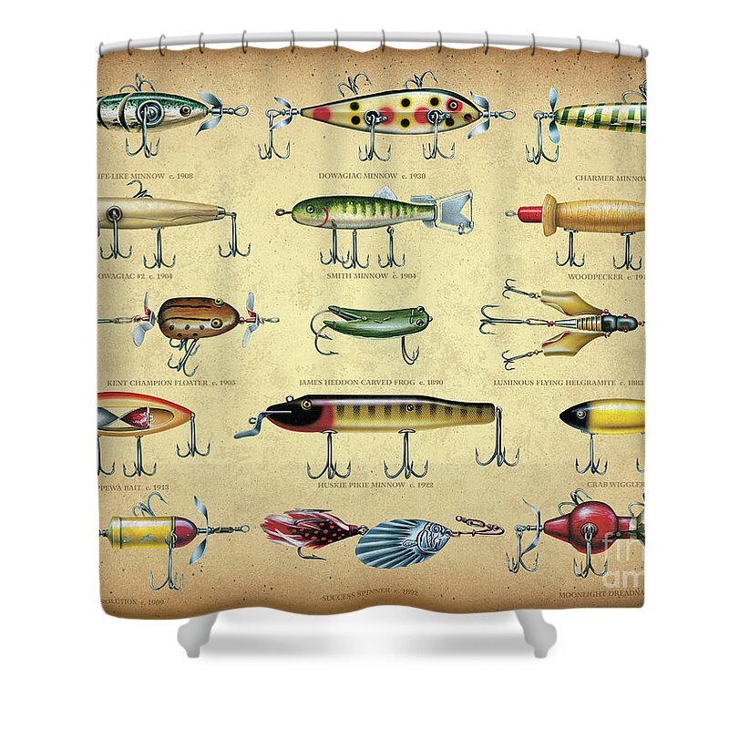 Antique Lures Brown Shower Curtain by Jon Wright - Pixels