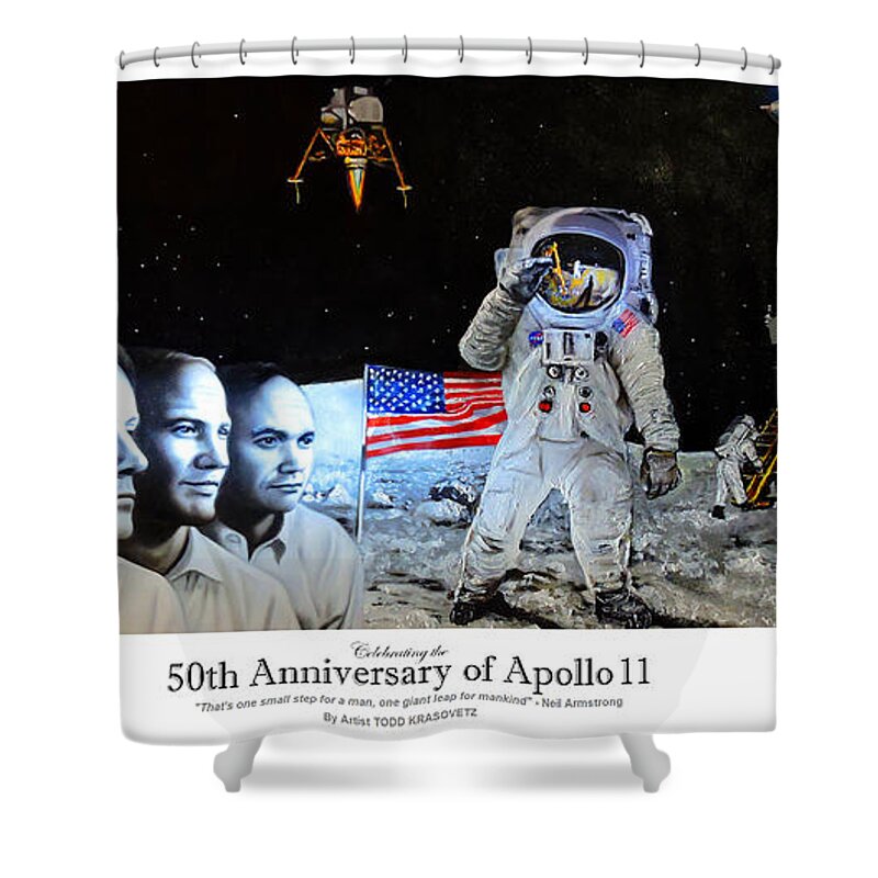 Apollo 11 Collectible Shower Curtain featuring the painting Apollo 11 Collectible - NASA 50th Anniversary Of the Lunar Landing by Todd Krasovetz