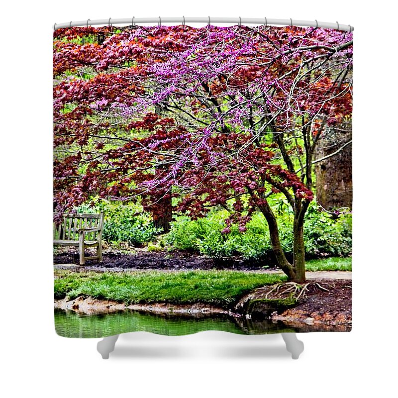 Bench Shower Curtain featuring the photograph Arboretum Resting Place by Allen Nice-Webb
