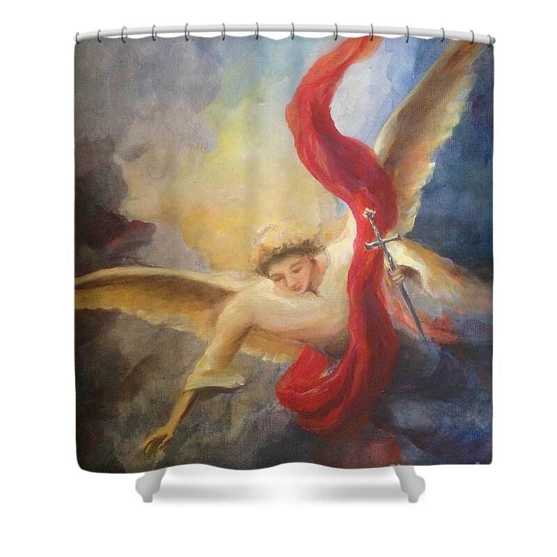 Angel Shower Curtain featuring the painting Archangel Michael by Lizzy Forrester