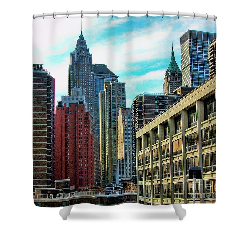 Ny Shower Curtain featuring the photograph Architecture NYC from Brooklyn Bridge by Chuck Kuhn