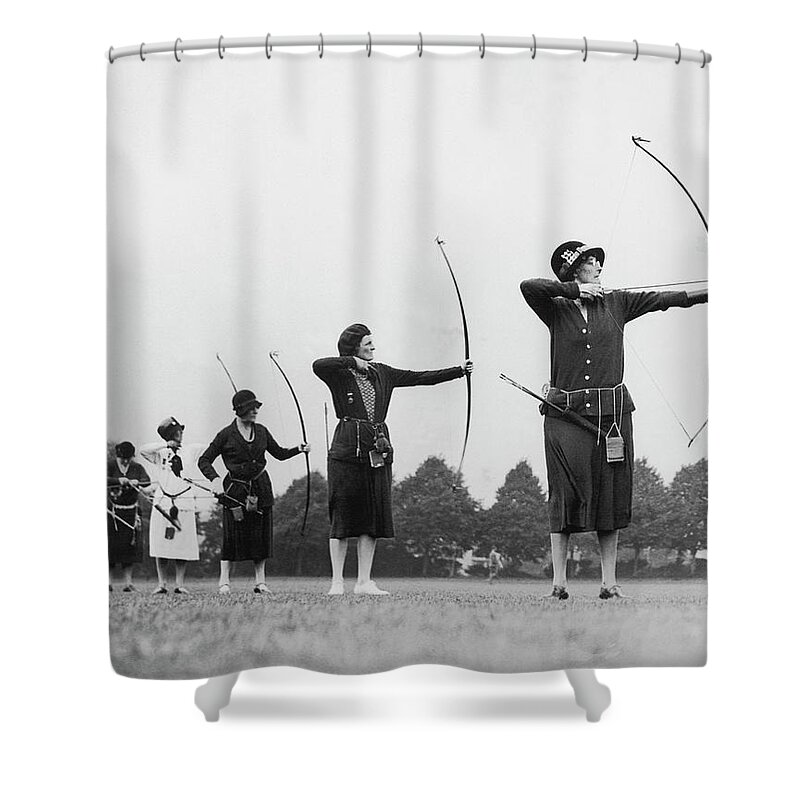 Mid Adult Women Shower Curtain featuring the photograph Archive Shot Row Of Female Archers by Fpg