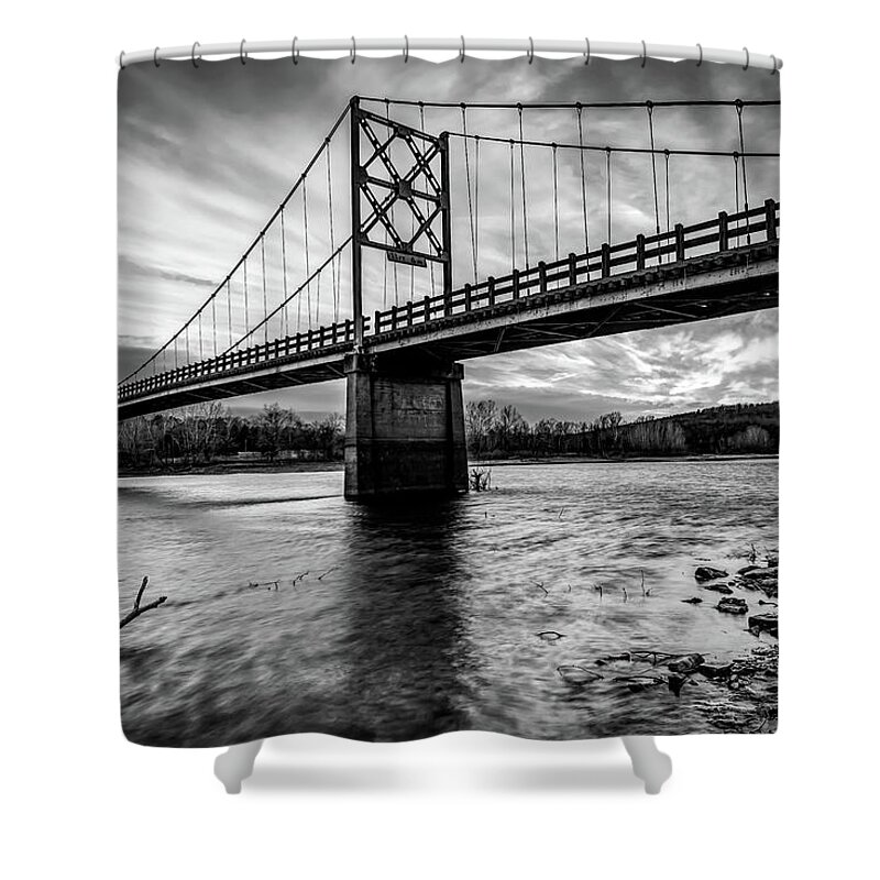 America Shower Curtain featuring the photograph Arkansas Beaver Bridge Over The White River - Monochrome by Gregory Ballos