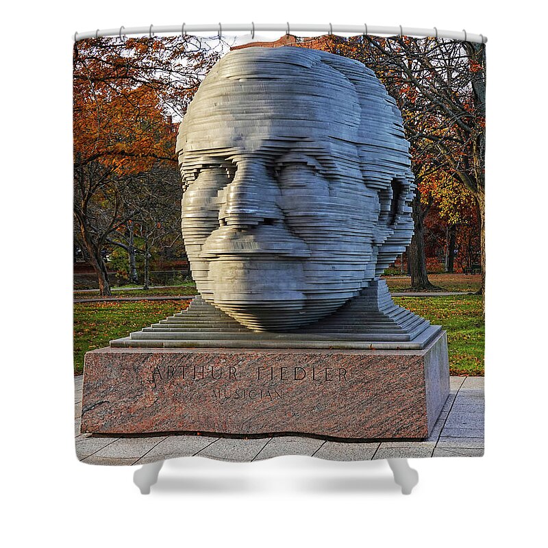 Boston Shower Curtain featuring the photograph Arthur Fiedler Statue Charles River Boston MA in the Fall by Toby McGuire