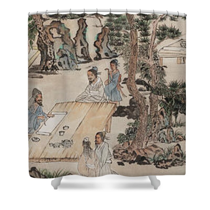 Chinese Watercolor Shower Curtain featuring the painting Lan Ting Xu - Chinese Calligraphers by Jenny Sanders