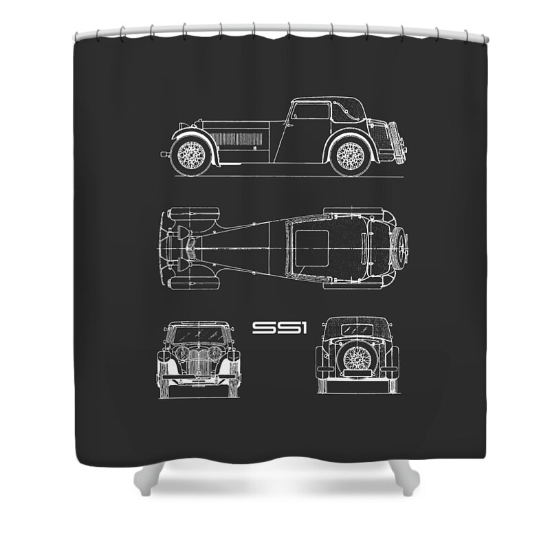 Jaguar Ss1 Shower Curtain featuring the photograph Jaguar SS1 Blueprint Black by Mark Rogan
