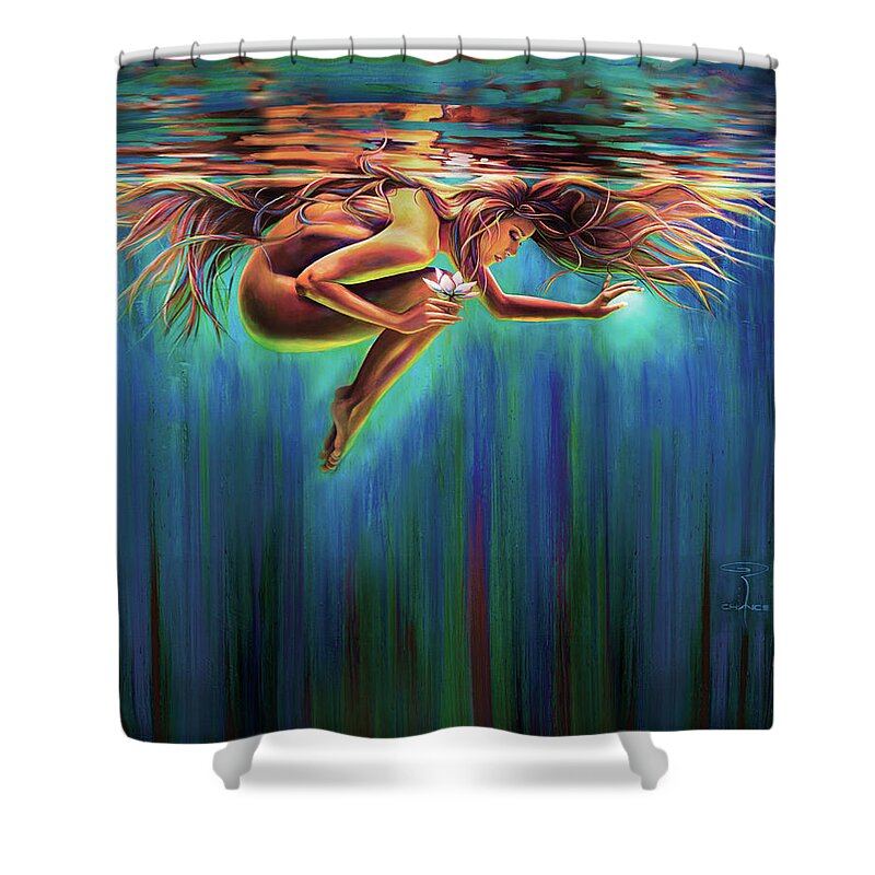 Aquarian Rebirth Woman Underwater Emotional Receptive Sensitive Lotus Sacred Divine Feminine Water Watercolor Floating Age Of Aquarius Fetal Position Goddess Spiritual Consciousness Moss Curled Up Long Hair Flowing Reflection Mermaid Awakening Rebirth Inner Journey Going Within Internal World Holding Breath Peace Love Gentle Beauty Swimming Floating Ethereal Whimsical Peaceful Quiet Enlightenment Shower Curtain featuring the painting Aquarian Rebirth by Robyn Chance