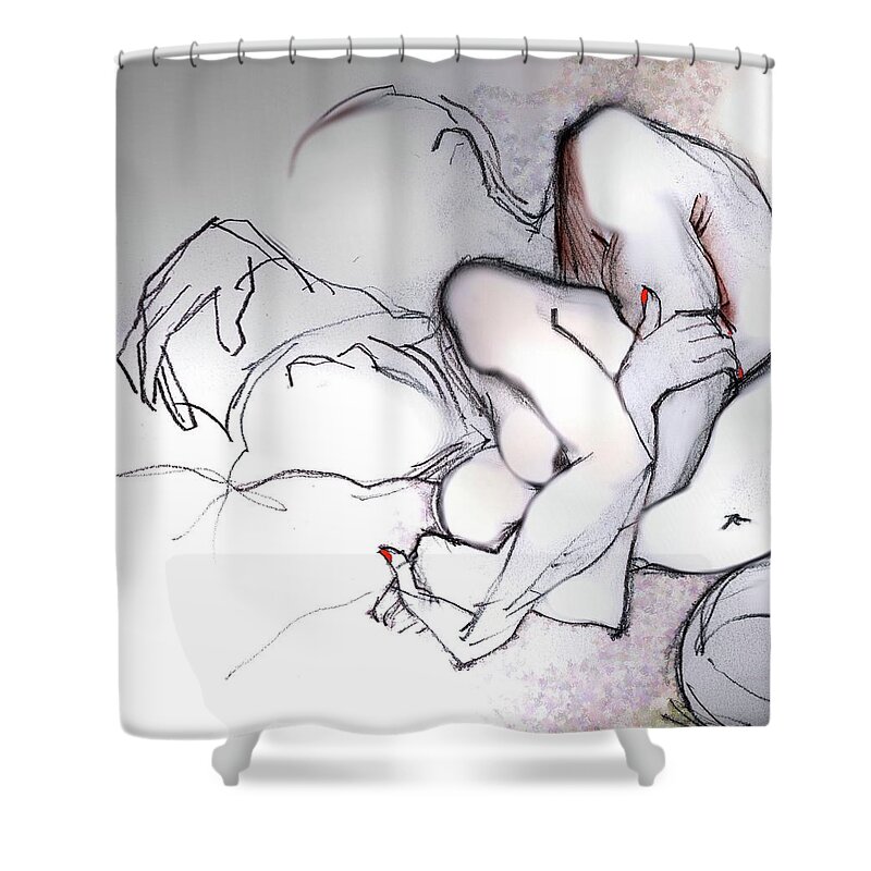 Romantic Shower Curtain featuring the mixed media Spooning - Loving Couple by Carolyn Weltman