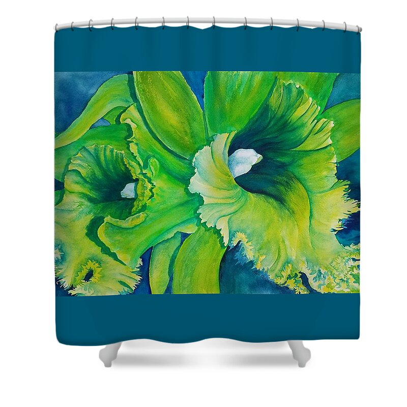 Neon Green Orchid Shower Curtain featuring the painting Neon Fluffy Cattleya Orchids by Lisa Debaets