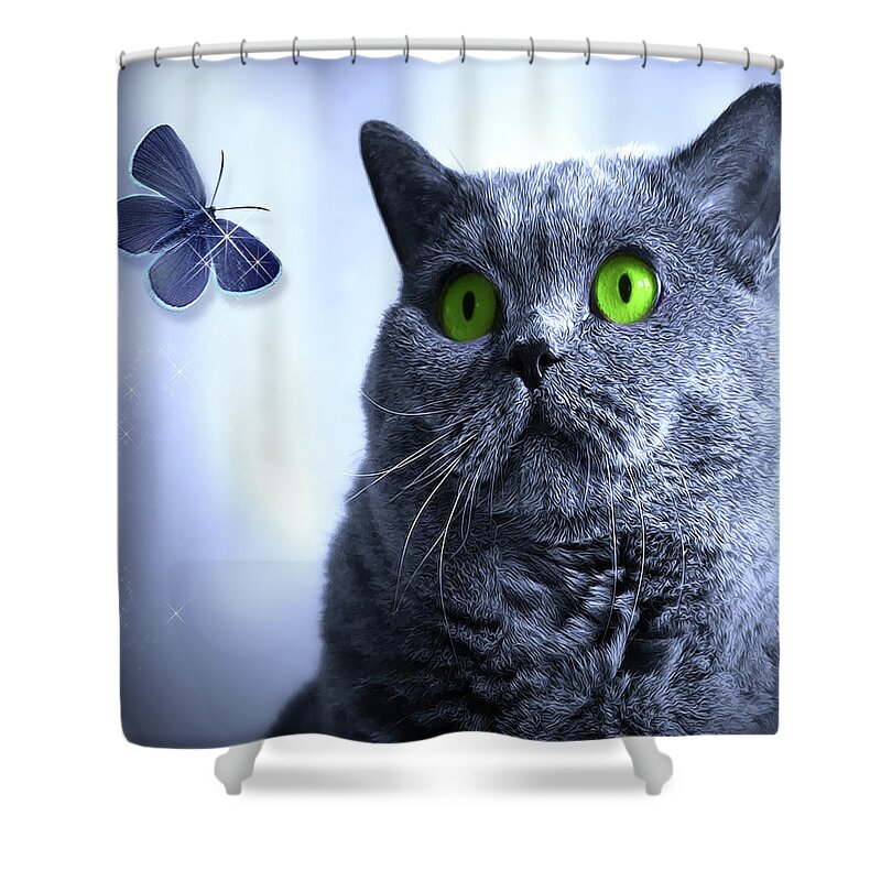 Cat Shower Curtain featuring the digital art Blue and the Butterfly by Doreen Erhardt
