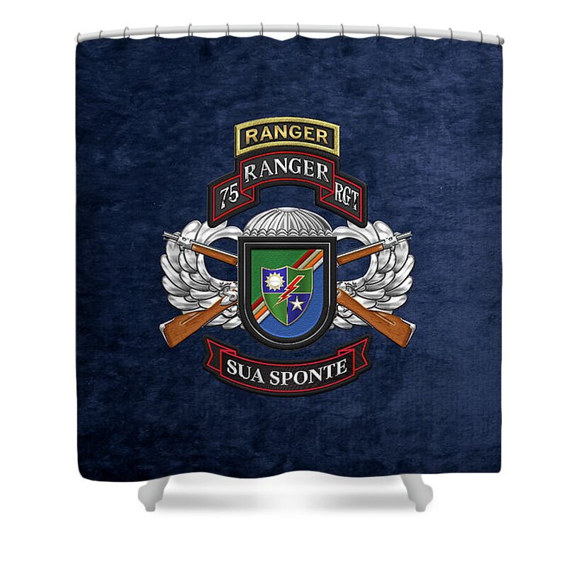  Military Insignia & Heraldry By Serge Averbukh Shower Curtain featuring the digital art 75th Ranger Regiment - Army Rangers Special Edition over Blue Velvet by Serge Averbukh