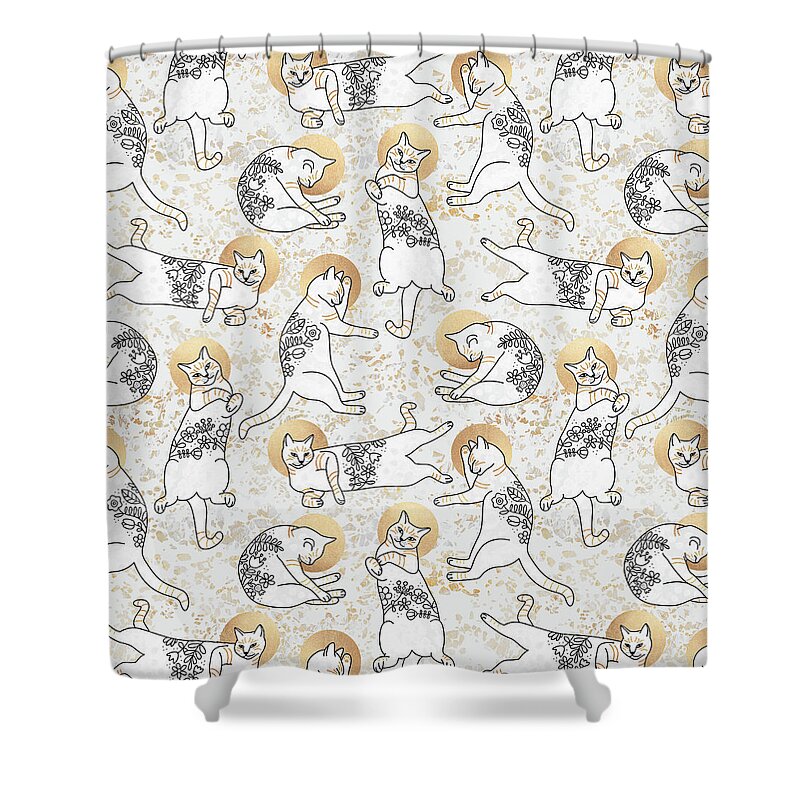 Cat Shower Curtain featuring the digital art Floral Cats by Elisabeth Fredriksson