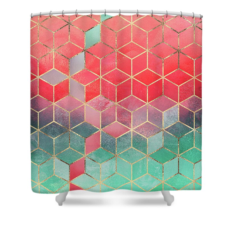 Graphic Shower Curtain featuring the digital art Rose And Turquoise Cubes by Elisabeth Fredriksson