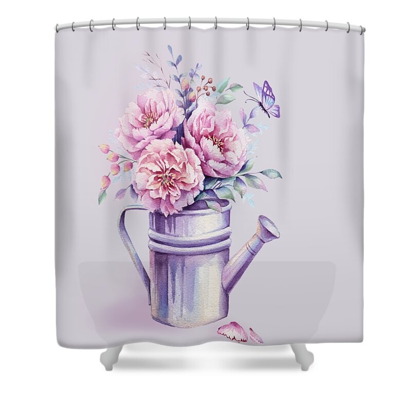 Watercolour Peony Shower Curtain featuring the painting Pink Peonies Blooming Watercolour by Georgeta Blanaru
