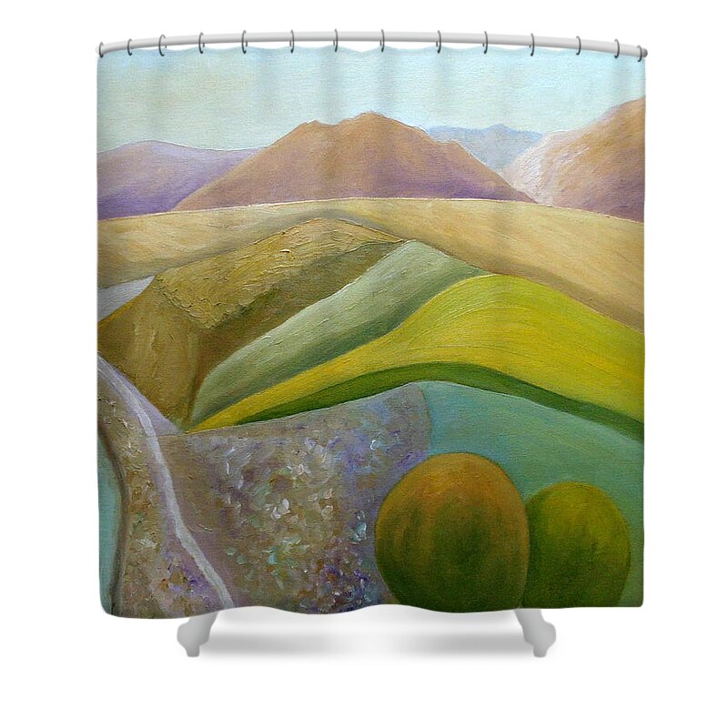 Mountains Art Shower Curtain featuring the painting Seaside Lookout by Angeles M Pomata