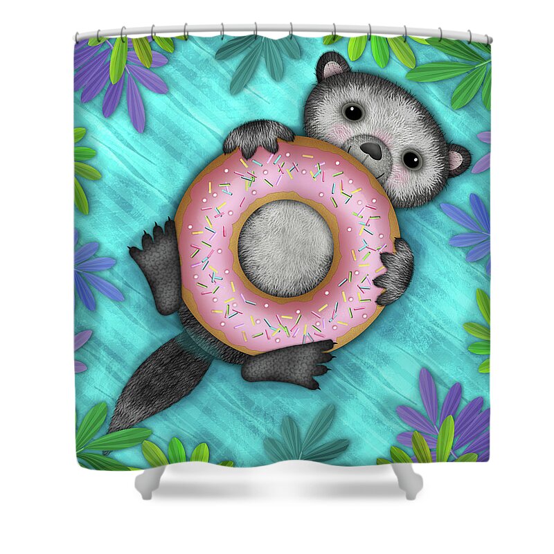 Otter Shower Curtain featuring the digital art O is for Otter with an O so Delicious Doughnut by Valerie Drake Lesiak