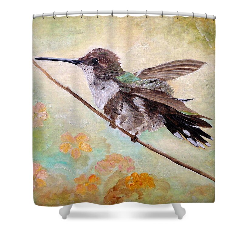 Hummingbird Shower Curtain featuring the painting Adjusting The Flaps by Angeles M Pomata