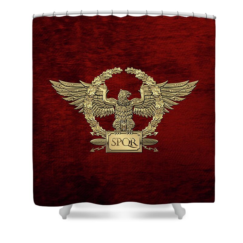 ‘treasures Of Rome’ Collection By Serge Averbukh Shower Curtain featuring the digital art Gold Roman Imperial Eagle - S P Q R Special Edition over Red Velvet by Serge Averbukh
