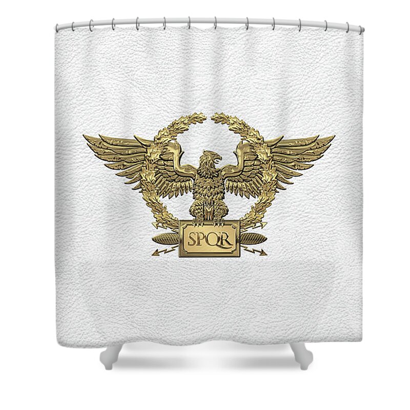‘treasures Of Rome’ Collection By Serge Averbukh Shower Curtain featuring the digital art Gold Roman Imperial Eagle - S P Q R Special Edition over White Leather by Serge Averbukh