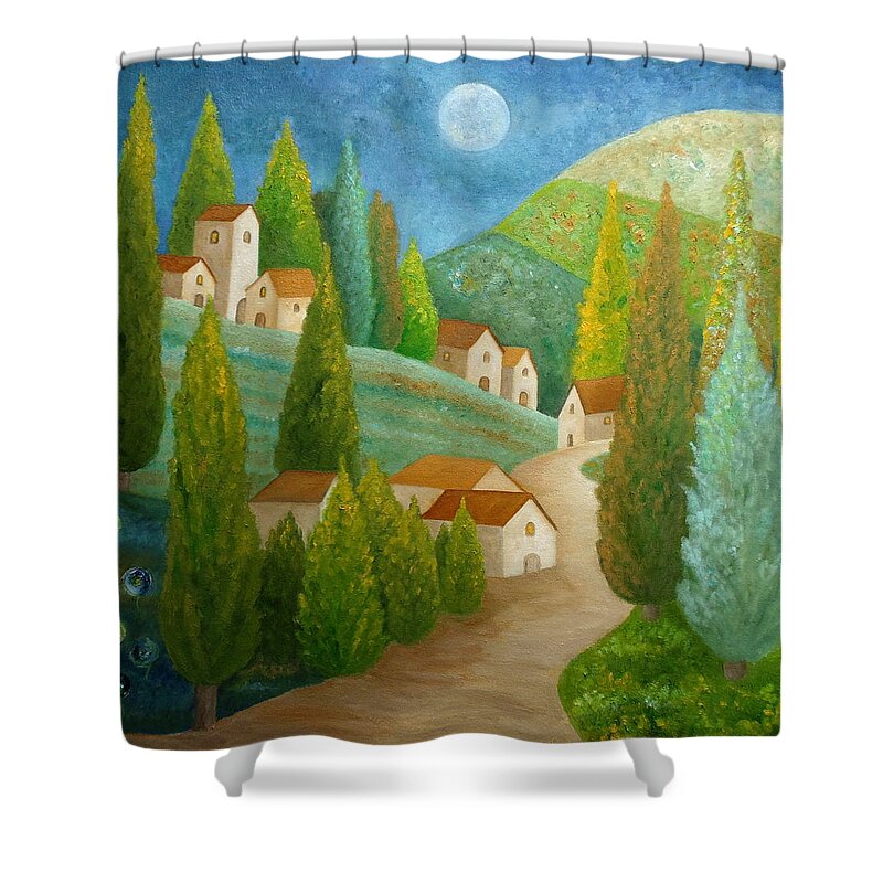 Cypress Art Shower Curtain featuring the painting All Is Calm All Is Bright by Angeles M Pomata