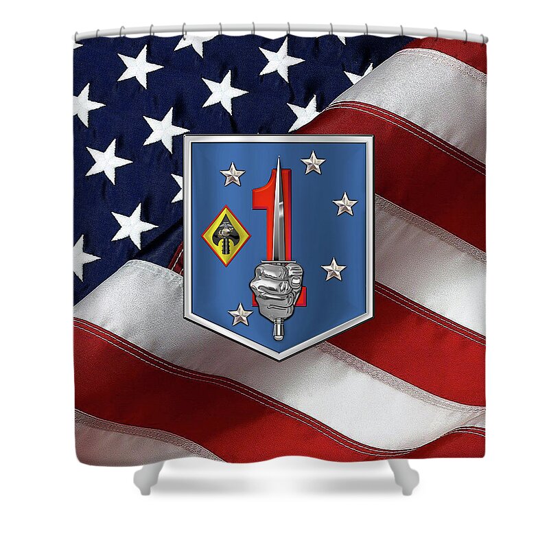 Military Insignia & Heraldry Collection By Serge Averbukh Shower Curtain featuring the digital art 1st Marine Raider Support Battalion - 1st M R S B Patch over American Flag by Serge Averbukh