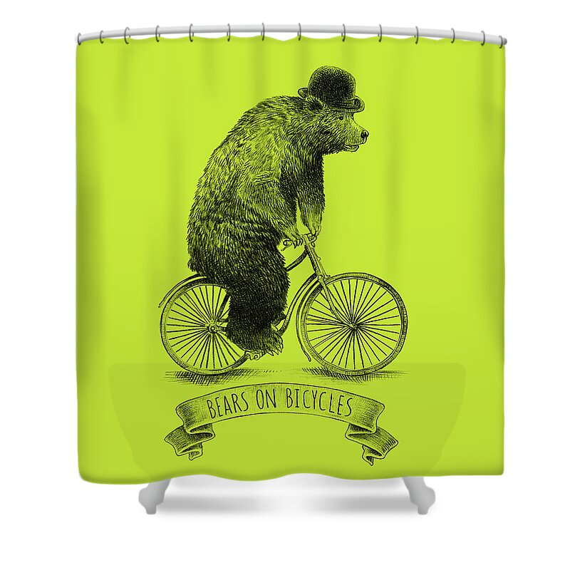 Bear Shower Curtain featuring the drawing Bears on Bicycles - Lime by Eric Fan