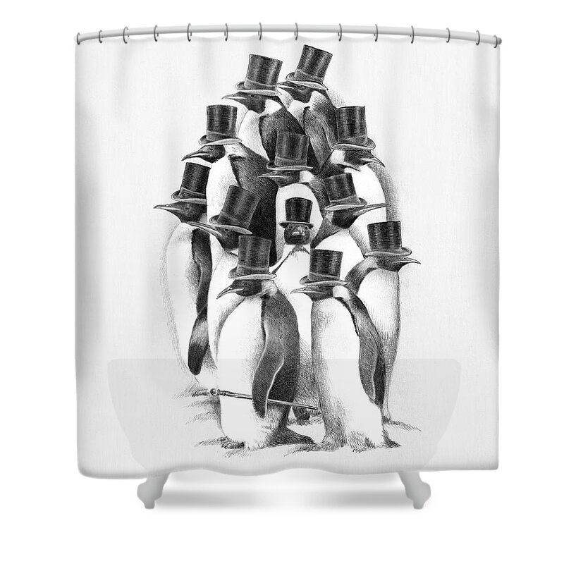 Penguin Shower Curtain featuring the drawing Penguin Party by Eric Fan