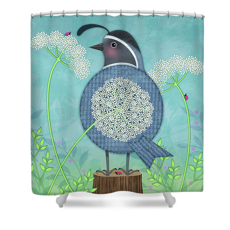 Letter Q Shower Curtain featuring the digital art Q is for Quail and Queen Anne's Lace by Valerie Drake Lesiak