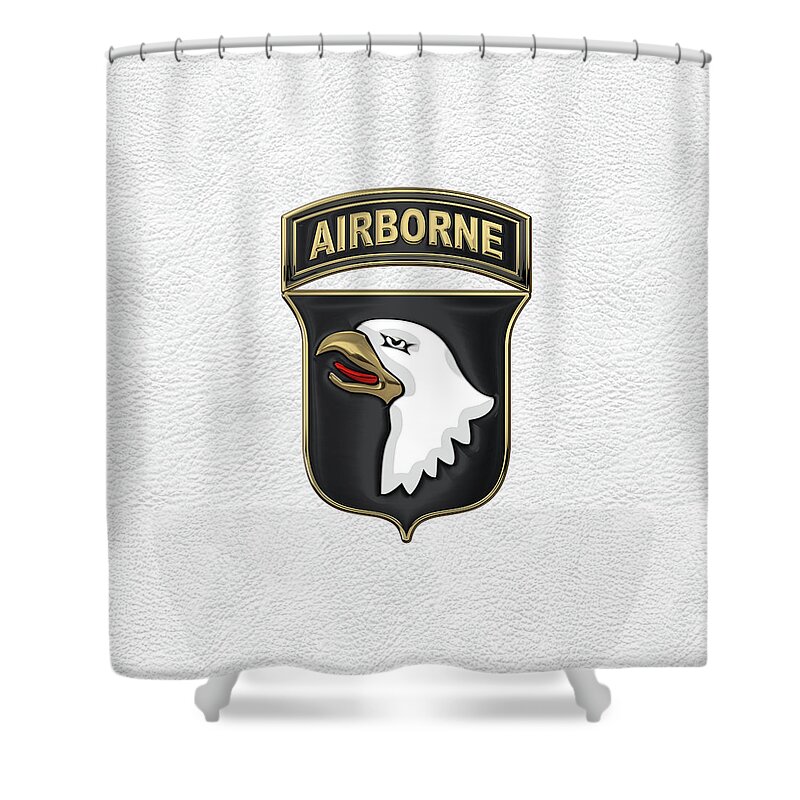 Military Insignia & Heraldry By Serge Averbukh Shower Curtain featuring the digital art 101st Airborne Division - 101st A B N Insignia over White Leather by Serge Averbukh