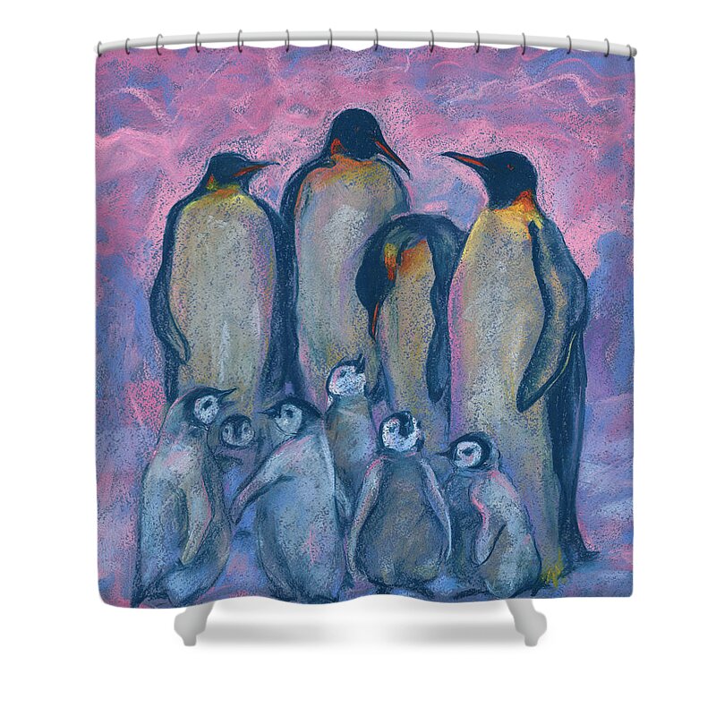 Antarctica Shower Curtain featuring the pastel Emperor Penguins with Baby Chicks, Antarctic Winter, Pink and Blue by Julia Khoroshikh