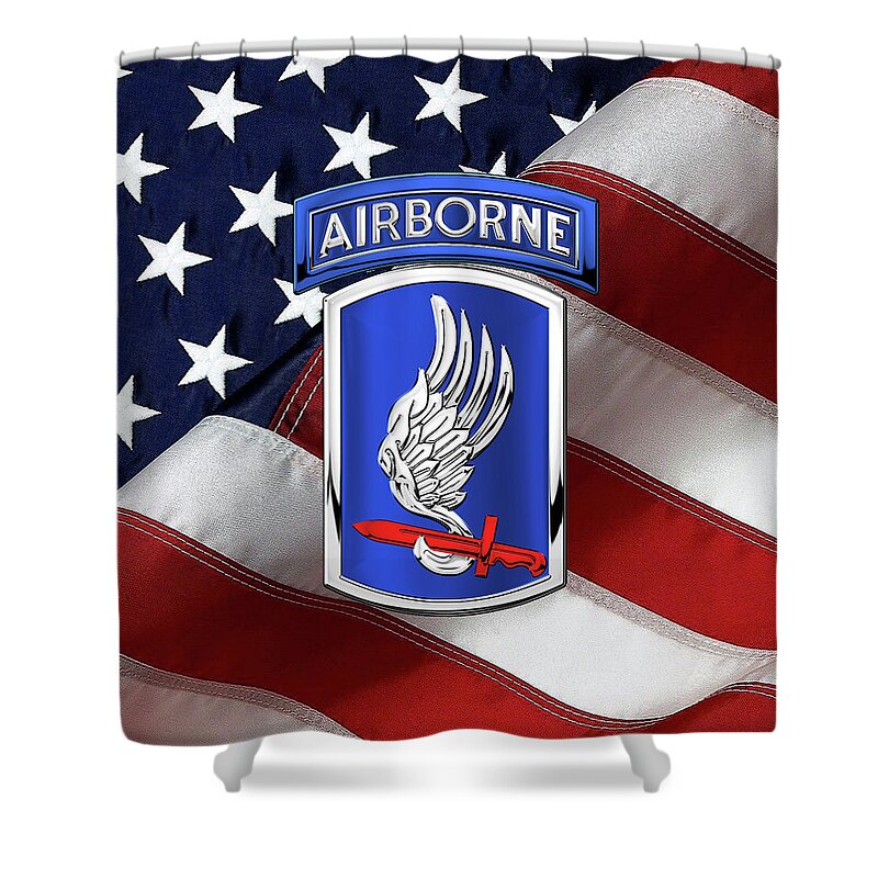 Military Insignia & Heraldry By Serge Averbukh Shower Curtain featuring the digital art 173rd Airborne Brigade Combat Team - 173rd A B C T Insignia over Flag by Serge Averbukh