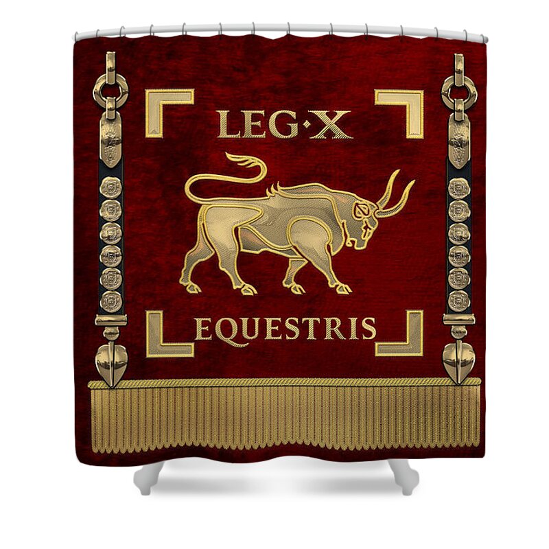 ‘rome’ Collection By Serge Averbukh Shower Curtain featuring the digital art Standard of the 10th Mounted Legion - Vexillum of Legio X Equestris by Serge Averbukh