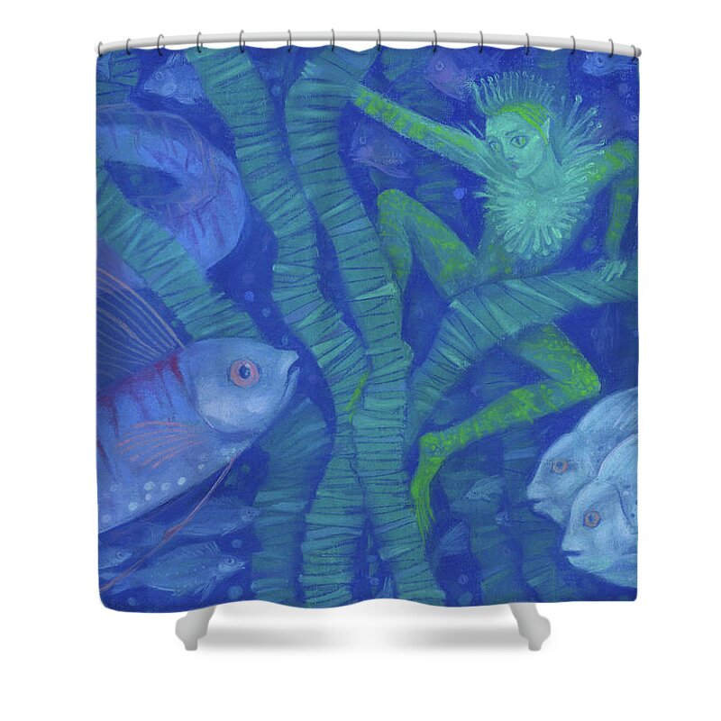 Underwater Fairytale Illustration Shower Curtain featuring the painting Amphibian and the Fish King, fantasy art, Underwater by Julia Khoroshikh
