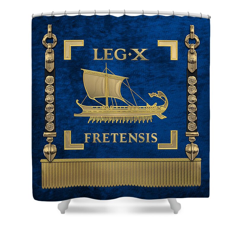 ‘rome’ Collection By Serge Averbukh Shower Curtain featuring the digital art Trireme Standard of the 10th Legion of the Strait - Blue Vexilloid of Legio X Fretensis by Serge Averbukh