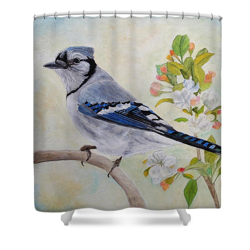 Blue Jay Shower Curtain featuring the painting Blue Jay Among Apple Blossoms by Angeles M Pomata