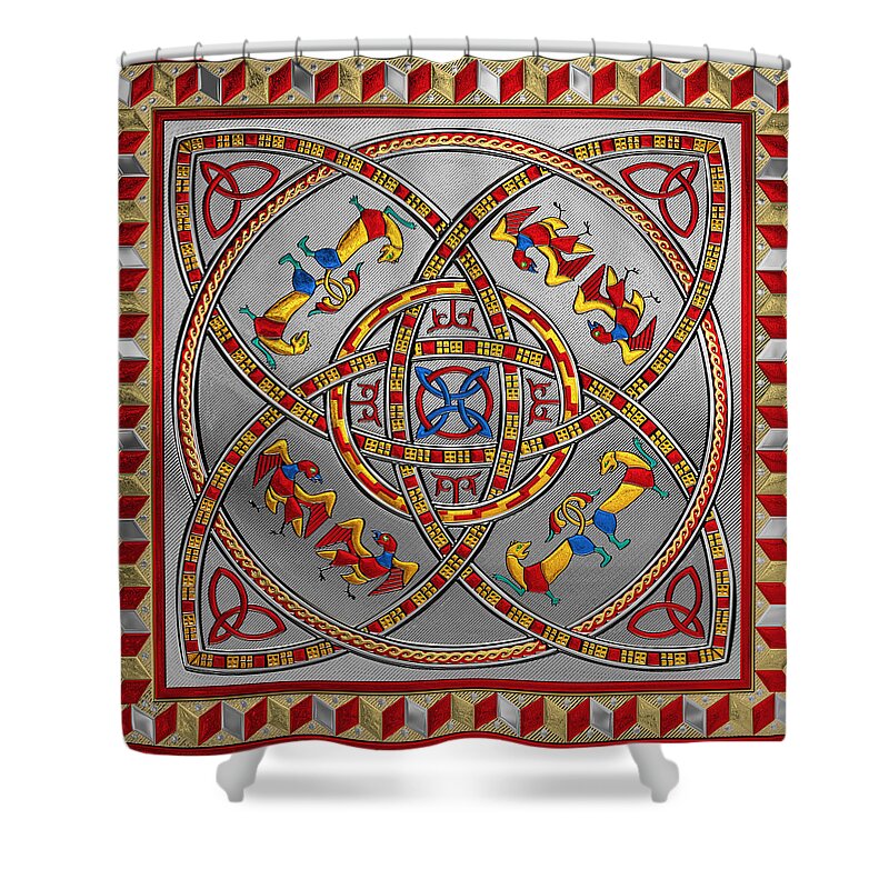 ‘celtic Treasures’ Collection By Serge Averbukh Shower Curtain featuring the digital art Sacred Celtic Dara Knot Cross with Triquetras Lions and Eagles by Serge Averbukh