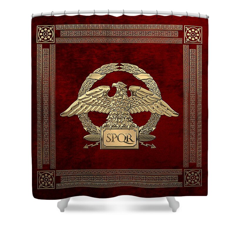 ‘treasures Of Rome’ Collection By Serge Averbukh Shower Curtain featuring the digital art Roman Empire - Gold Roman Imperial Eagle over Red Velvet by Serge Averbukh