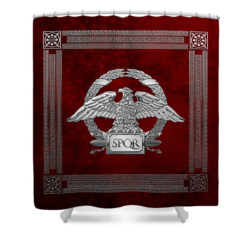 ‘treasures Of Rome’ Collection By Serge Averbukh Shower Curtain featuring the digital art Roman Empire - Silver Roman Imperial Eagle over Red Velvet by Serge Averbukh