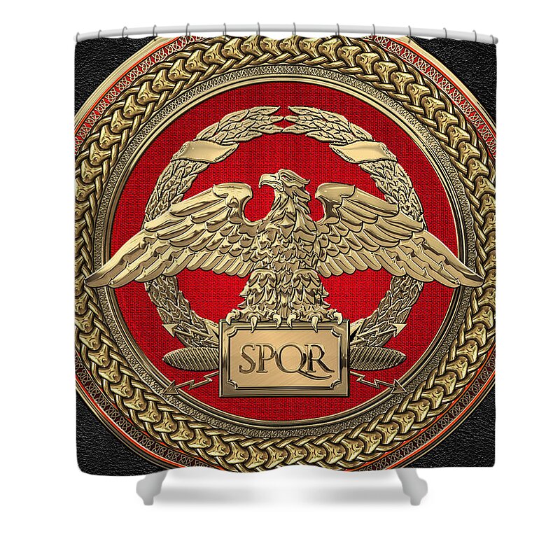‘treasures Of Rome’ Collection By Serge Averbukh Shower Curtain featuring the digital art Gold Roman Imperial Eagle over Red and Gold Medallion on Black Leather by Serge Averbukh