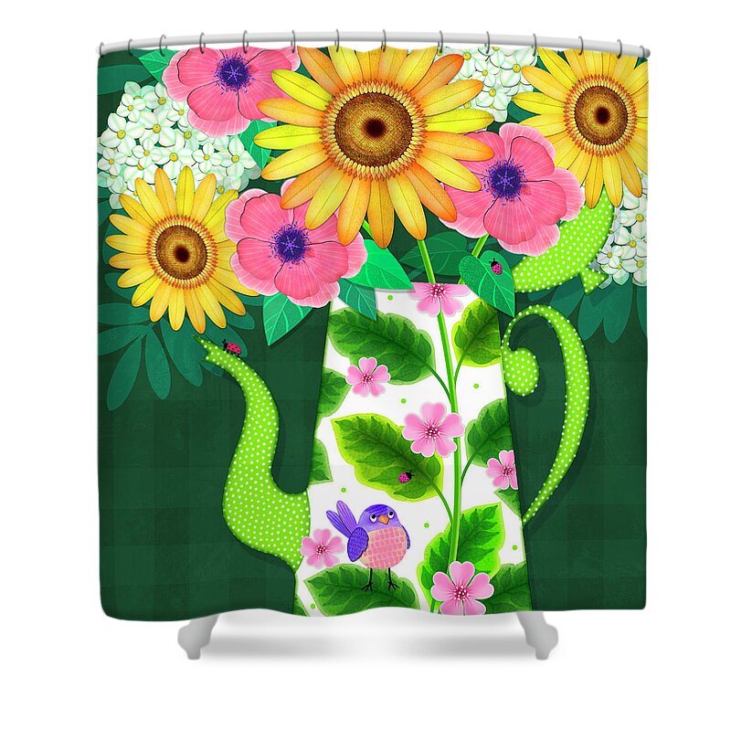 Flowers Shower Curtain featuring the digital art Summer Flowers in Coffee Pot by Valerie Drake Lesiak