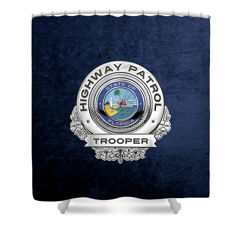  ‘law Enforcement Insignia & Heraldry’ Collection By Serge Averbukh Shower Curtain featuring the digital art Florida Highway Patrol - F H P Trooper Badge over Blue Velvet by Serge Averbukh