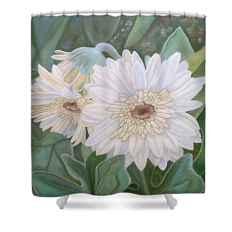 Gerbera Shower Curtain featuring the painting White Gerbera by Angeles M Pomata