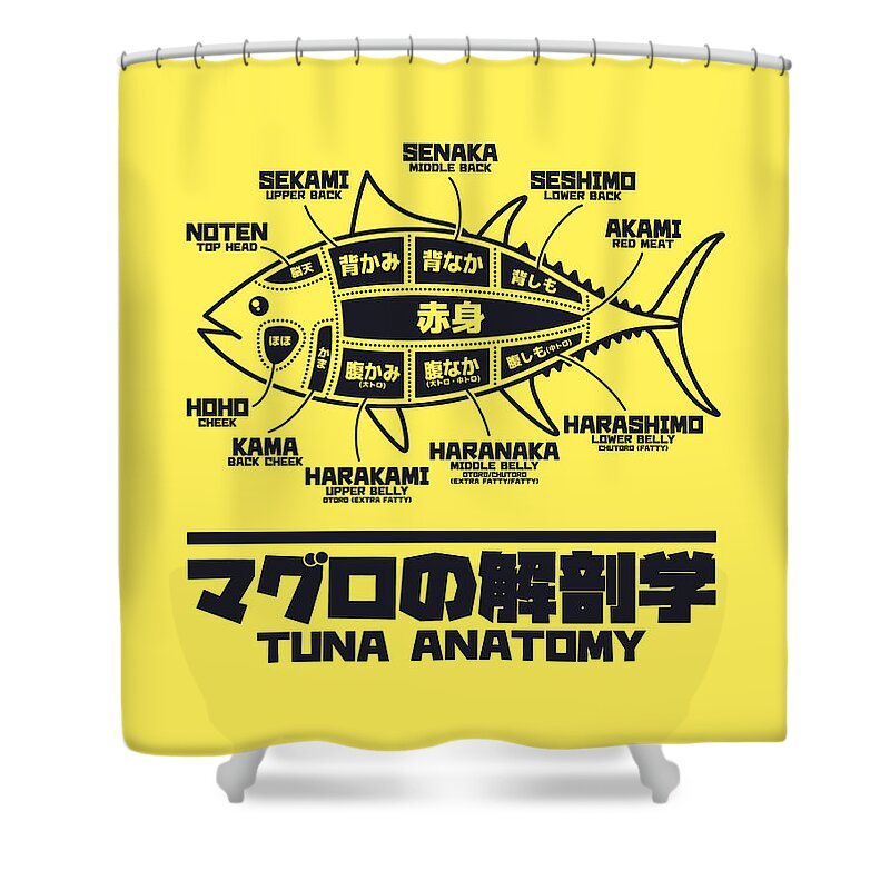 Tuna Shower Curtain featuring the digital art Tuna Anatomy Japanese Maguro Sushi Yellow by Organic Synthesis